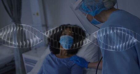 Poster - Image of dna strands over afrcian american female patient and female doctor