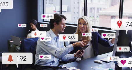 Poster - Social media notifications image over business people working in modern office