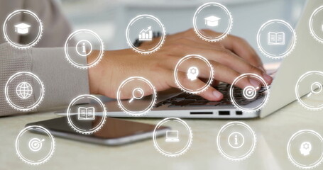 Poster - Image of icons over caucasian businessman using laptop in office