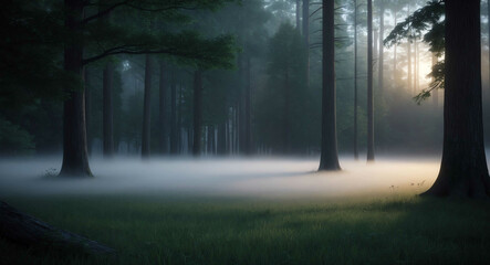 Wall Mural - Morning mist floating over a deep forest scene in animated art style