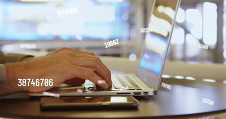 Poster - Image of data processing over caucasian businessman using laptop in office