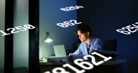 Poster - Image of data processing over caucasian businessman using laptop in office