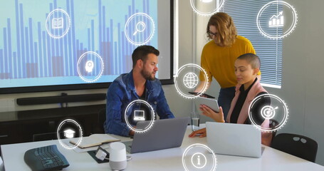 Poster - Image of icons over diverse collleagues working in office