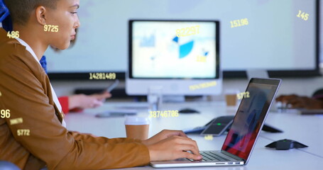 Poster - Image of data processing over biracial businesswoman using laptop in office