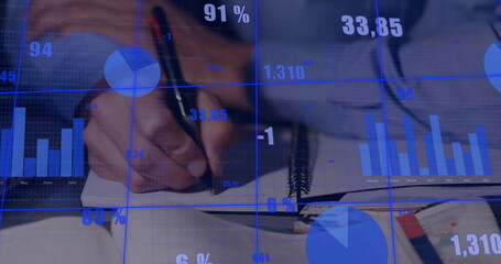 Poster - Image of financial data processing over caucasian businessman writing in office