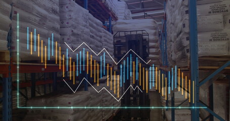 Poster - Image of financial data processing over worker using lift truck in warehouse