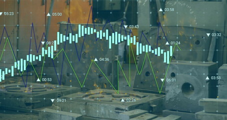 Poster - Financial data chart image over industrial machinery in factory