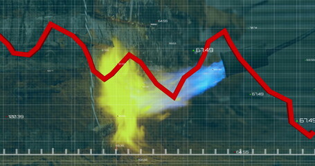 Poster - Red line graph image over heatmap data visualization on grid background