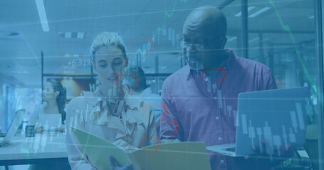 Poster - Image of financial data processing over diverse colleagues discussing work in office