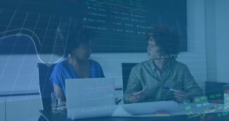 Poster - Image of financial data processing over diverse colleagues discussing work in office
