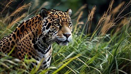 Wall Mural - Majestic jaguar navigating through tall grass, displaying intricate spots and powerful presence in its natural habitat