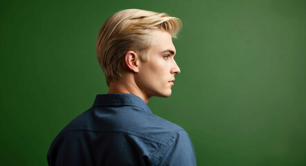 Poster - Side profile portrait of a young blonde man on green background