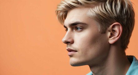 Poster - Side profile portrait of a young man with blonde hair on pastel orange