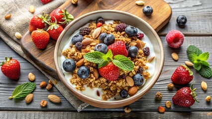 A bowl of creamy yogurt topped with crunchy granola, juicy berries, and a sprinkle of almonds, ready to start the day with a healthy and delicious breakfast.