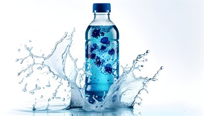 Wall Mural - Vibrant Water Bottle with Blue Splash on White Background, Capturing the Essence of Hydration and Energy