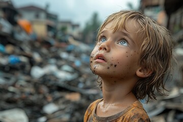 Hope Amidst Ruins: A Young Boy's Resilience After a Natural Disaster Strikes His Home