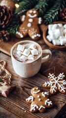 Wall Mural - Cozy winter scene with hot cocoa topped with marshmallows, surrounded by festive gingerbread cookies and pine cones on a rustic wooden table.