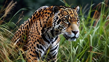 Wall Mural - Majestic jaguar navigating through tall grass, displaying intricate spots and powerful presence in its natural habitat