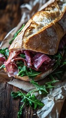 Rustic baguette sandwich filled with prosciutto and fresh arugula, served on crinkled paper atop weathered wood, embodying artisanal charm and gourmet simplicity.