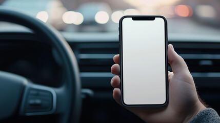 Wall Mural - Close-up of a hand holding a smartphone with a blank white screen mockup in a car interior,