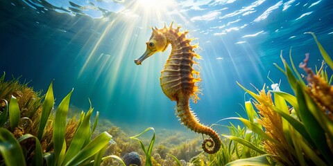 A solitary seahorse gracefully glides through the sunlit underwater landscape, its golden hues contrasting with the lush green seaweed and the deep blue depths.