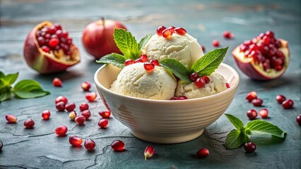 Wall Mural - Creamy Vanilla Ice Cream Scoops with Pomegranate Seeds and Fresh Mint Leaves in a White Bowl on a Textured Blue Surface