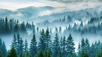 Wall Mural - coniferous_forest_in_foggy_mountains