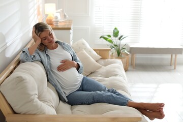 Wall Mural - Portrait of beautiful pregnant woman on sofa at home