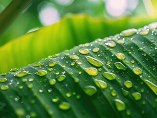 Wall Mural - Water Drops on a Green Leaf