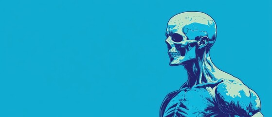 Blue skeletal figure against a bright blue background, showcasing human anatomy.