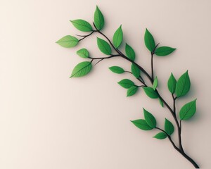 Wall Mural - Branch with green leaves on a simple background.