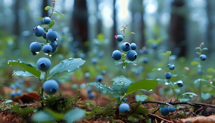 Wall Mural - Vibrant Blueberry Plants in a Lush Spring Forest Under a Clear Sky