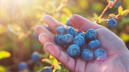 Wall Mural - Handful of Blueberries Glowing in the Sunlight