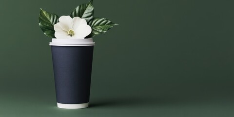 Coffee cup with flower and leaves on green background, modern decor