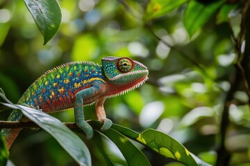 Colorful Chameleon Perched On Branch In Tropical Forest .generative ai