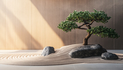 Wall Mural - A minimalist scene of a Japanese rock garden with perfectly raked sand, smooth stones, and a bonsai tree