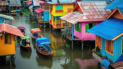 Vibrant Water Village with Colorful Houses and Boats