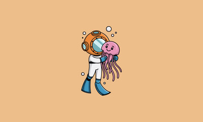 Wall Mural - Diver holding a cute jellyfish in an old-style helmet