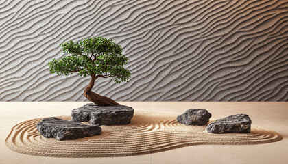 Wall Mural - A minimalist scene of a Japanese rock garden with perfectly raked sand, smooth stones, and a bonsai tree