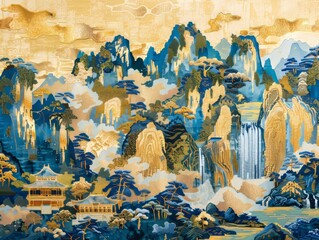 Sticker - Chinese embroidery craft depicting an ancient Chinese mountain and river landscape, with pavilions scattered among the mountains, waterfalls flowing into rivers, blue sky, golden yellow background col