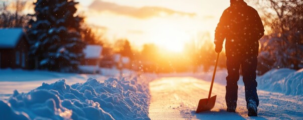 Person shoveling snow during sunset in winter scenery, serene and peaceful atmosphere.