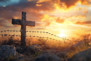 Cross of jesus christ break barrier wire on calvary sunday background good friday he is risen in easter day, Bird hope worship in God, generative ai