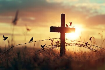 Cross of jesus christ break barrier wire on calvary sunday background good friday he is risen in easter day, Bird hope worship in God, generative ai