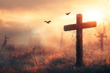 Cross of jesus christ break barrier wire on calvary sunday background good friday he is risen in easter day, Bird hope worship in God, generative ai