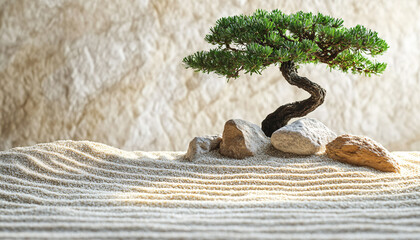 Wall Mural - A minimalist scene of a Japanese rock garden with perfectly raked sand, smooth stones, and a bonsai tree