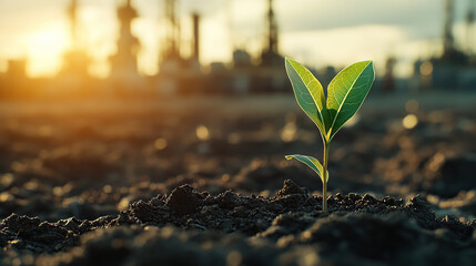 A young plant sprouting from the dirt, the background an industrial oil field with silos and power towers