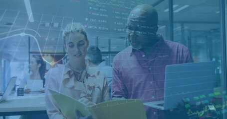 Poster - Image of financial data processing over diverse colleagues discussing work in office