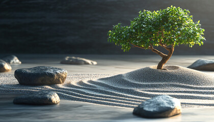 Wall Mural - A minimalist scene of a Japanese rock garden with perfectly raked sand, smooth stones, and a bonsai tree