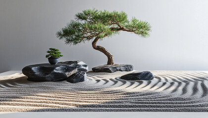 Wall Mural - A minimalist scene of a Japanese rock garden with perfectly raked sand, smooth stones, and a bonsai tree