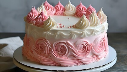 Delightful pink and white frosted cake adorned with elegant swirl decorations